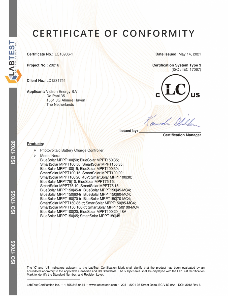 Pagina 1-Certificat de conformitate pentru controlere de incarcare solara UL-1741-and-CSA-C22.2...