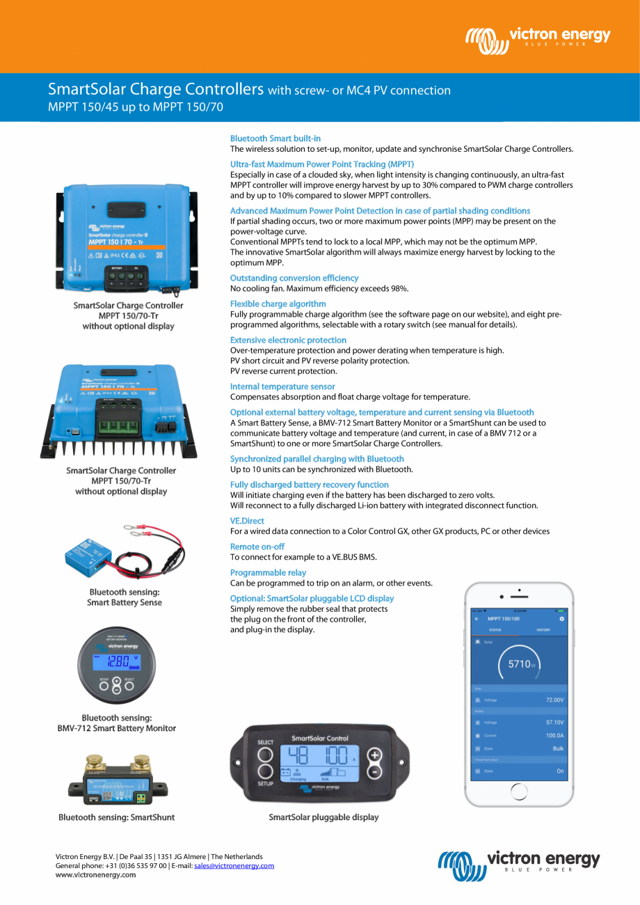 Pagina 1-Specificatii tehnice controler de incarcare solara SmartSolar MPPT 150/45 pana la150/70 Victron...