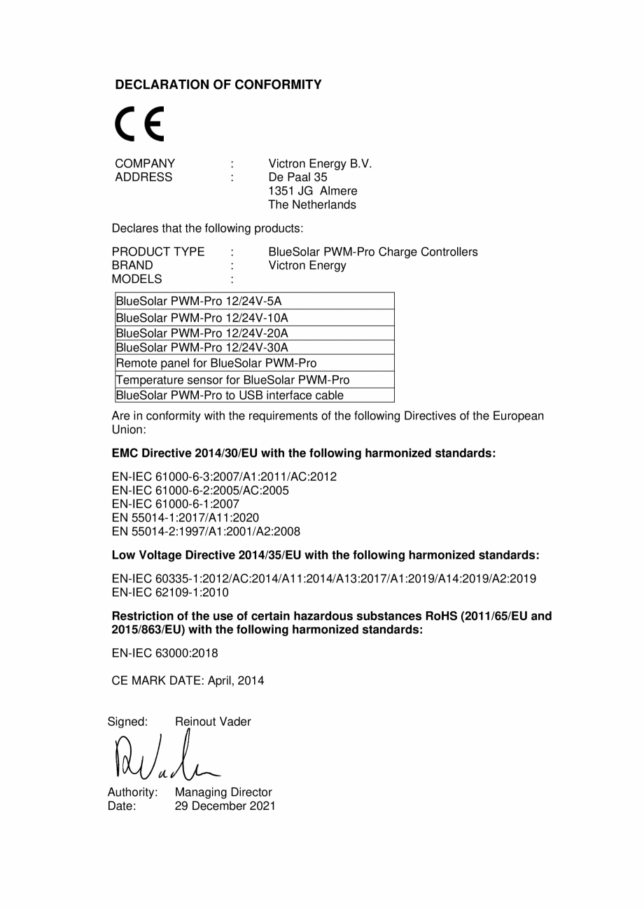 Pagina 1-Declaratie de conformitate pentru controler de incarcare solara BlueSolar PWM Pro Victron Energy...