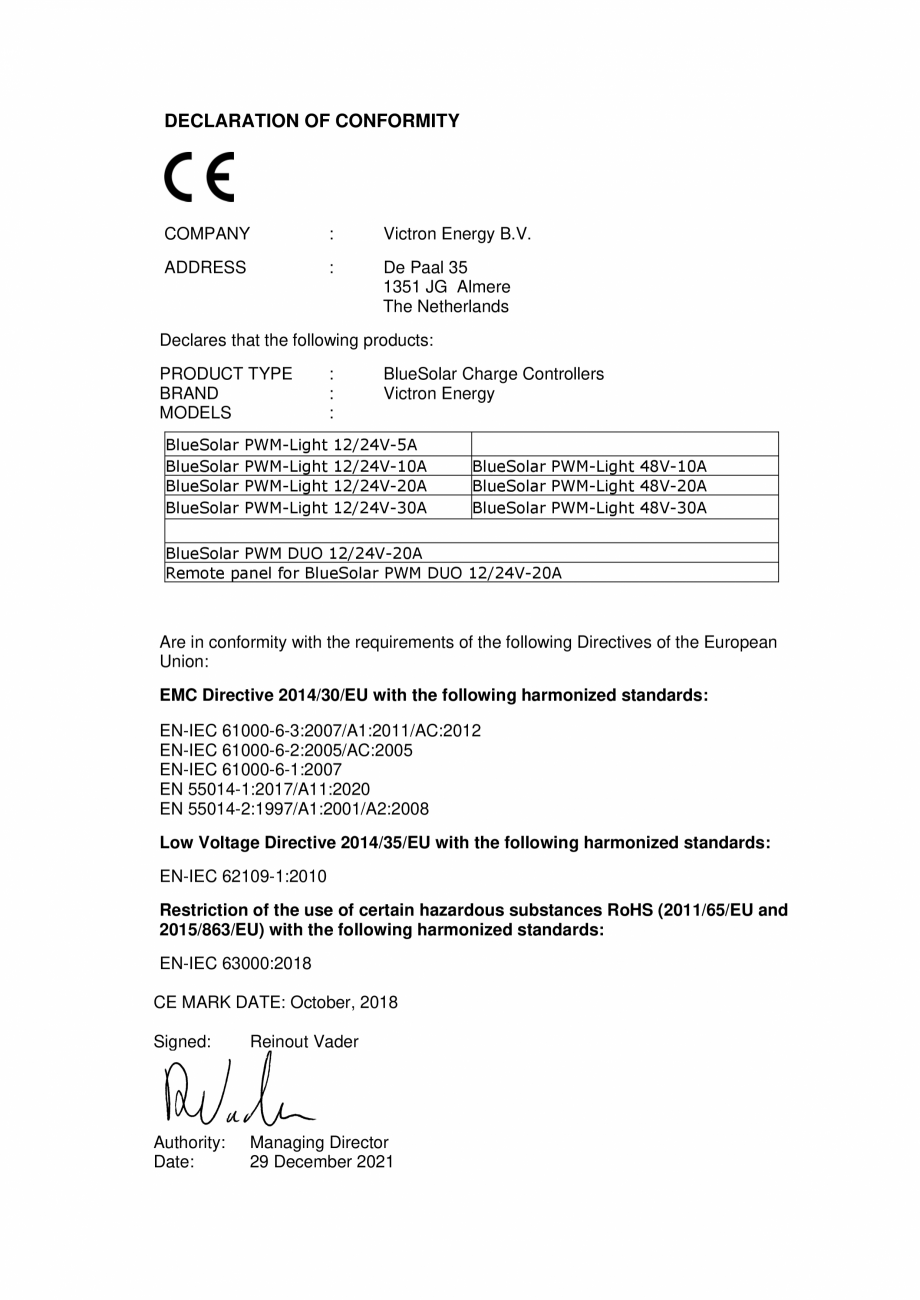 Pagina 1-Declaratie de conformitate pentru controler de incarcare solara BlueSolar PWM - Light si DUO Victron...