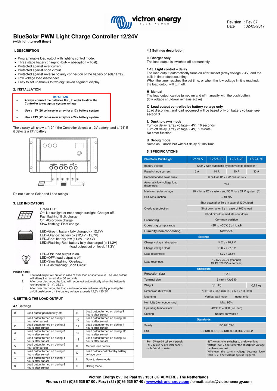 Pagina 1-Manual Controler de incarcare solara BlueSolar PWM-Light-12-24V Victron Energy Instructiuni montaj, ...
