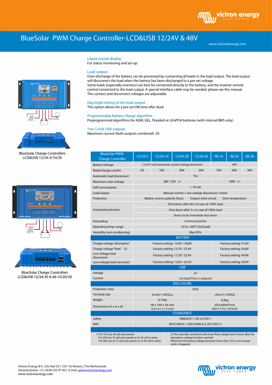 Pagina 1-Specificatii tehnice controler de incarcare solara BlueSolar PWM 12-24V-LCD&USB Victron Energy...