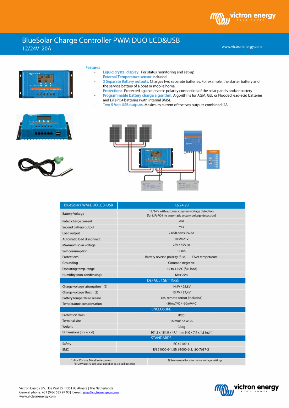 Pagina 1-Specificatii tehnice controler de incarcare solara BlueSolar PWM-DUO-12V-24V-20A-LCD-USB Victron...