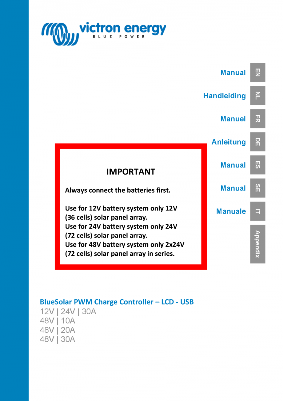 Pagina 1 - Manual Regulator de incarcare solara BlueSolar PWM LCD&USB-12V-24V-30A-&...
