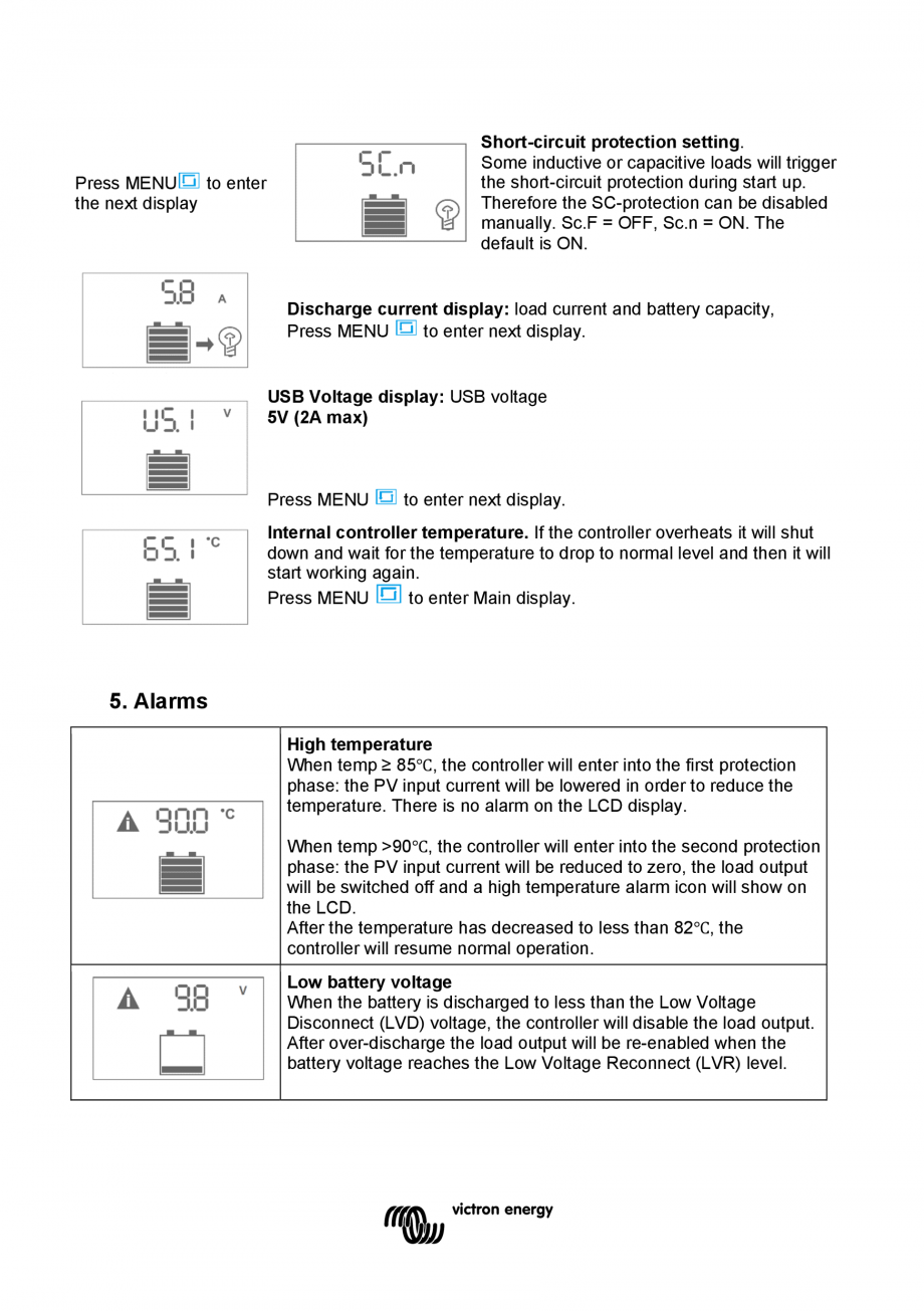 Pagina 8 - Manual Regulator de incarcare solara BlueSolar PWM LCD&USB-12V-24V-5A-10A-20A Victron...