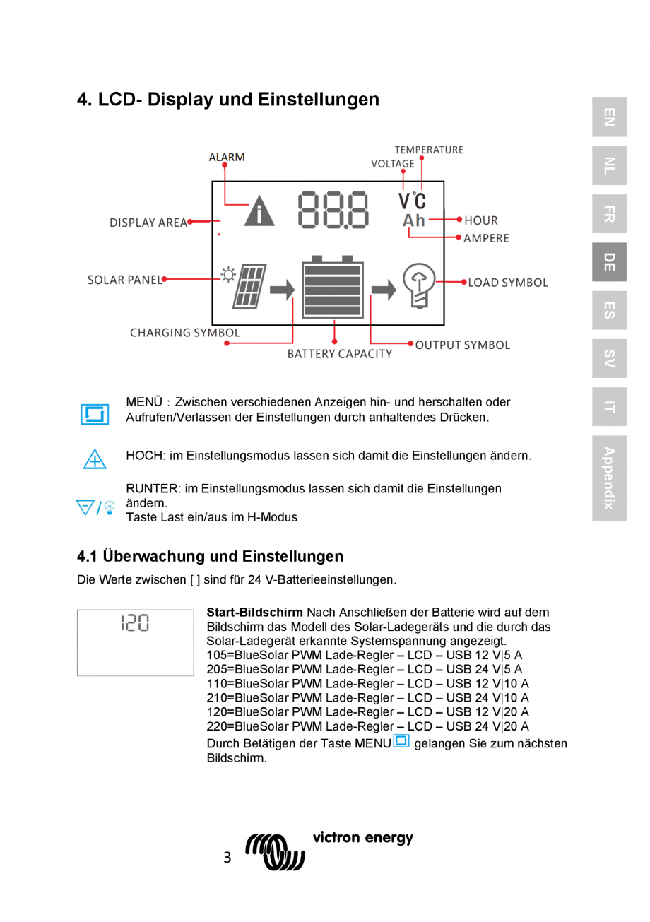 Pagina 31 - Manual Regulator de incarcare solara BlueSolar PWM LCD&USB-12V-24V-5A-10A-20A...
