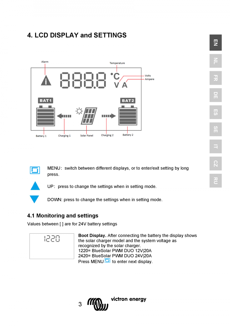 Pagina 5 - Manual Regulator de incarcare solara BlueSolar PWM DUO-12V-24V-20A-LCD-USB Victron Energy...
