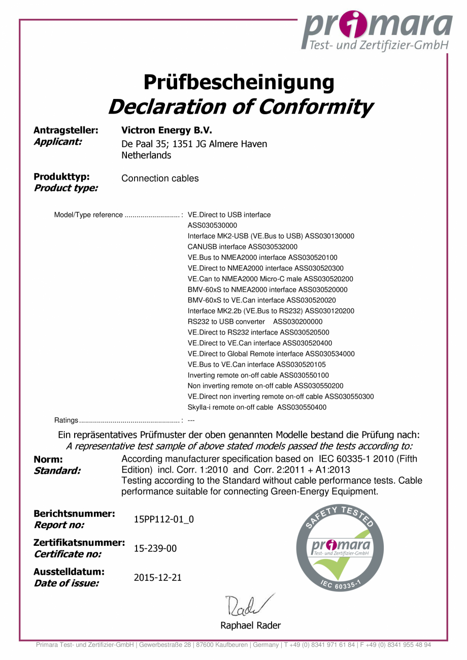 Pagina 1-Declaratie de conformitate - controler de incarcare solara-IEC-60335-1-19-interfete Victron Energy...