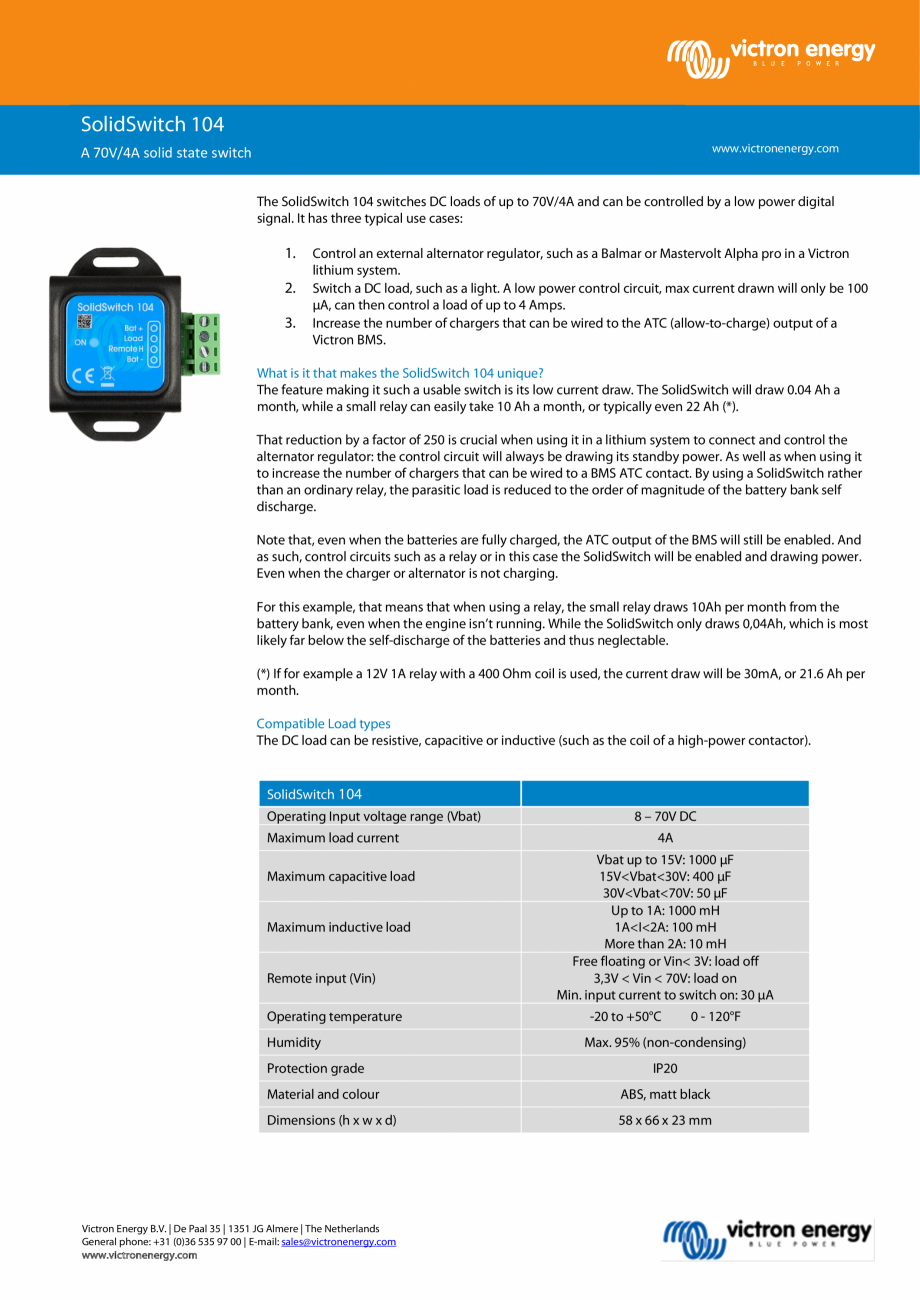 Pagina 1-Switch Victron Energy SolidSwitch 104 Fisa tehnica Engleza SolidSwitch 104
www.victronenergy.com

A ...