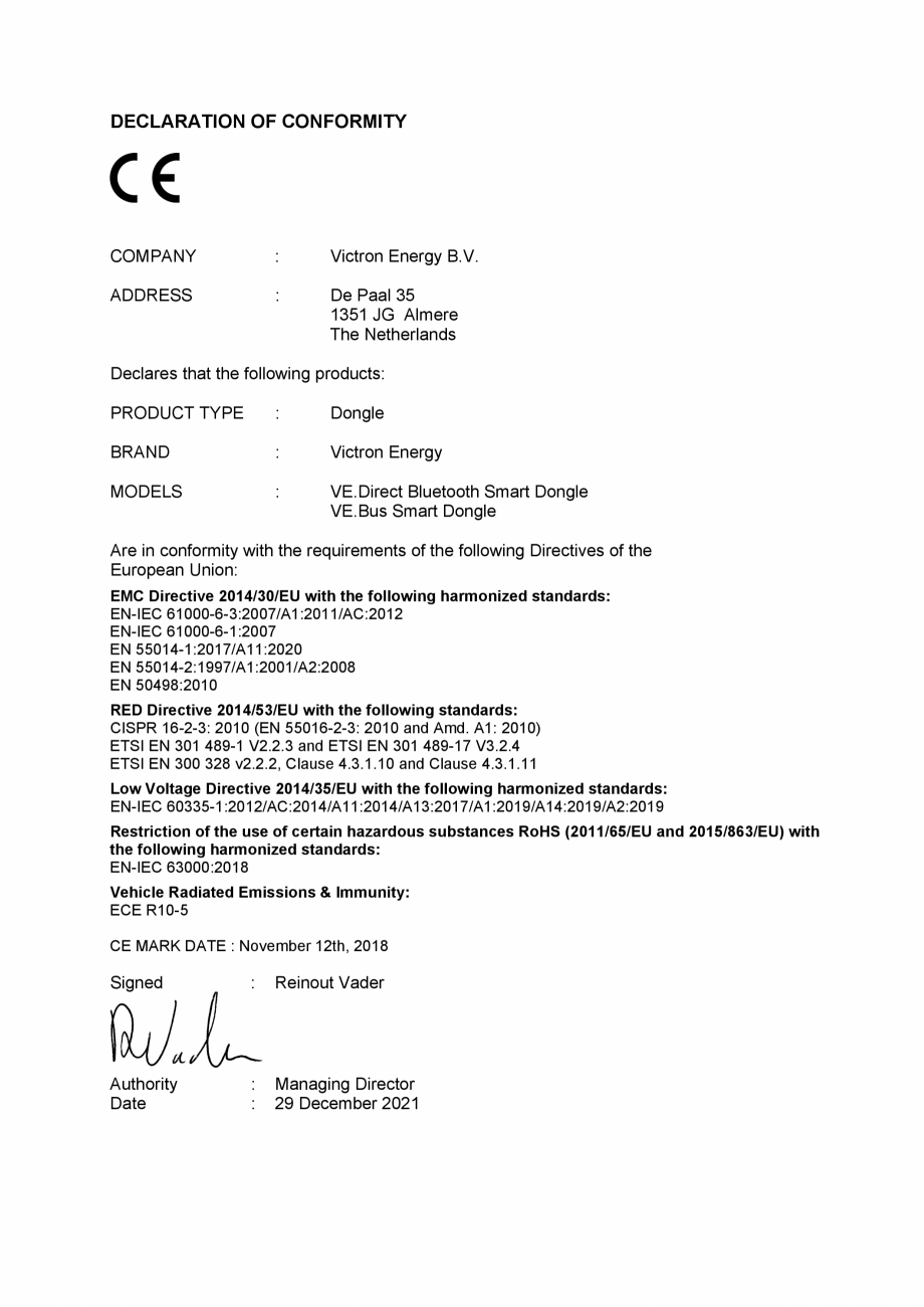 Pagina 1 - Declaratie de conformitate pentru cheia digitala inteligenta Victron Energy VE.Bus Smart ...