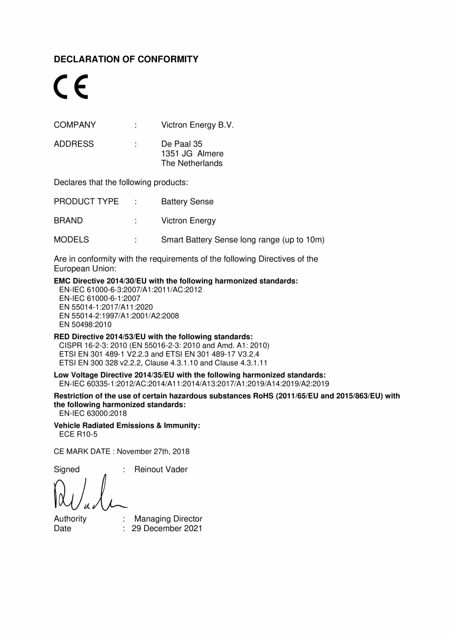 Pagina 1-Declaratie de conformitate pentru detector inteligent al bateriei Victron Energy Smart Battery Sense...