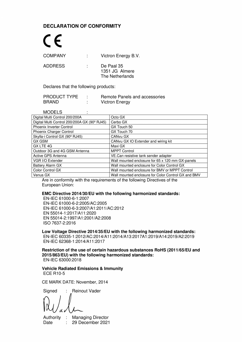 Pagina 1 - Declaratie de conformitate pentru accesoriu modem si GPS pentru dispozitive GX  Victron...