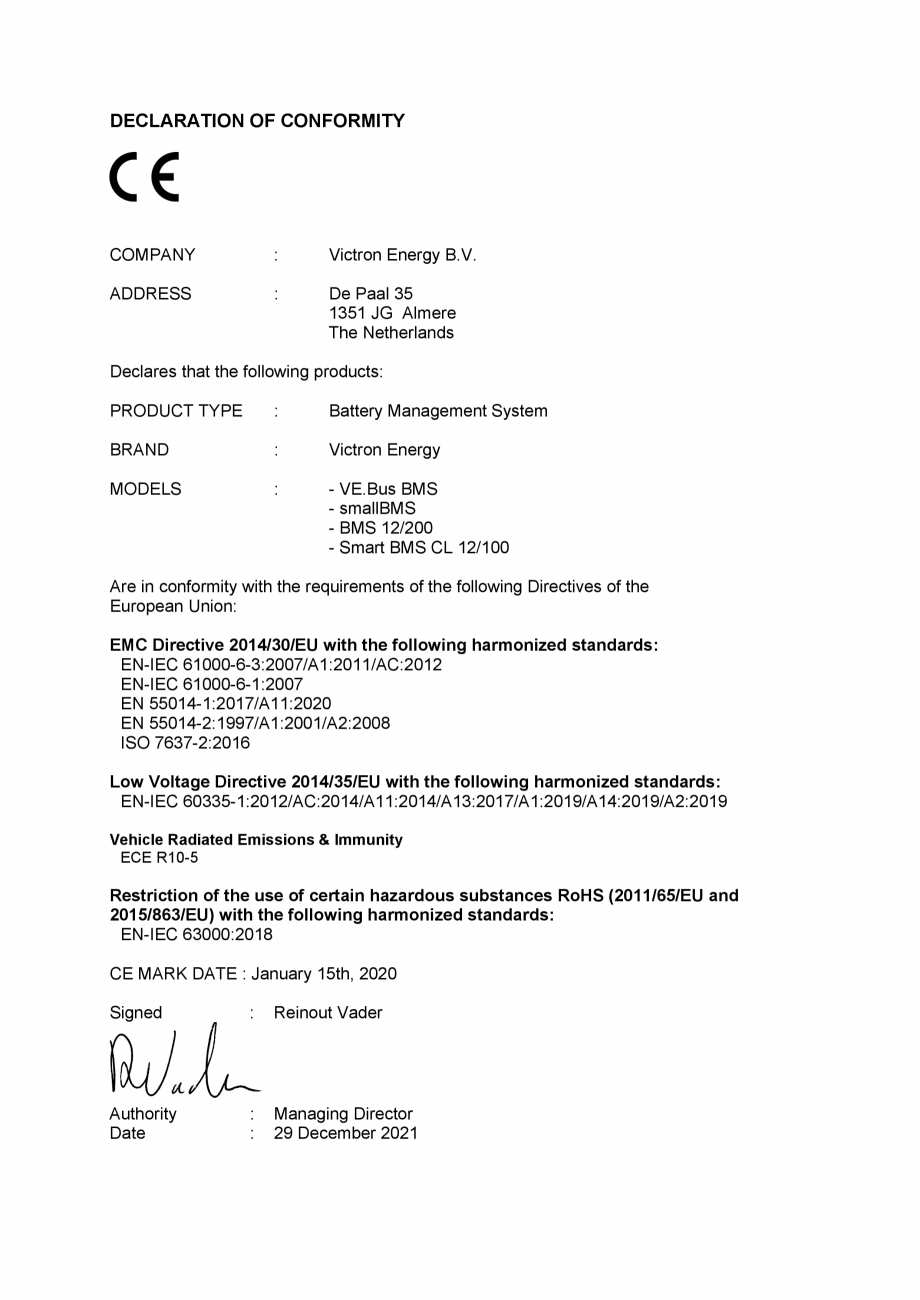 Pagina 1-Declaratie de conformitate pentru sisteme de management al bateriilor Victron Energy VE.Bus BMS, VE....