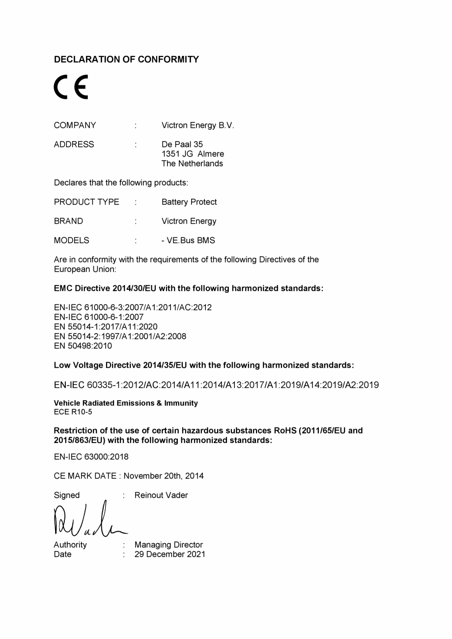 Pagina 1-Declaratie de conformitate pentru sistem de management al bateriei Victron Energy VE.Bus BMS...