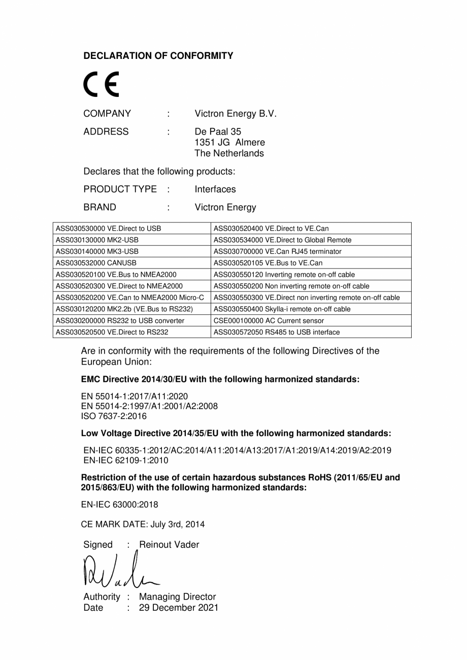 Pagina 1-Declaratie de conformitate pentru senzor de curent alternativ Victron Energy Senzor curent...