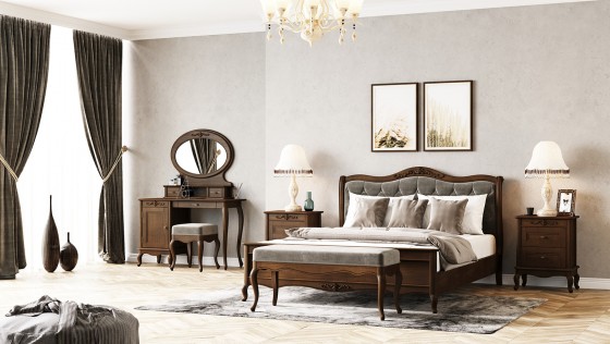 MAVIS Dormitor Palermo-set dormitor pat clasic tapitat finisaj nuc - Mobilier pentru dormitor din lemn masiv