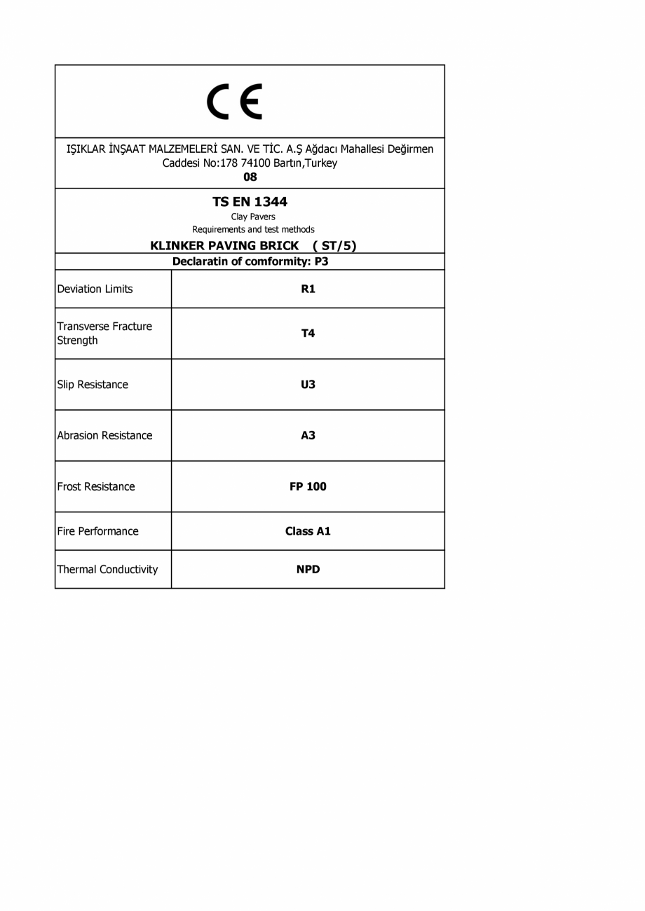Pagina 1-Caramida aparenta - Declaratie conformitate CE IŞIKLAR Certificare produs Engleza IŞIKLAR İNŞAAT...