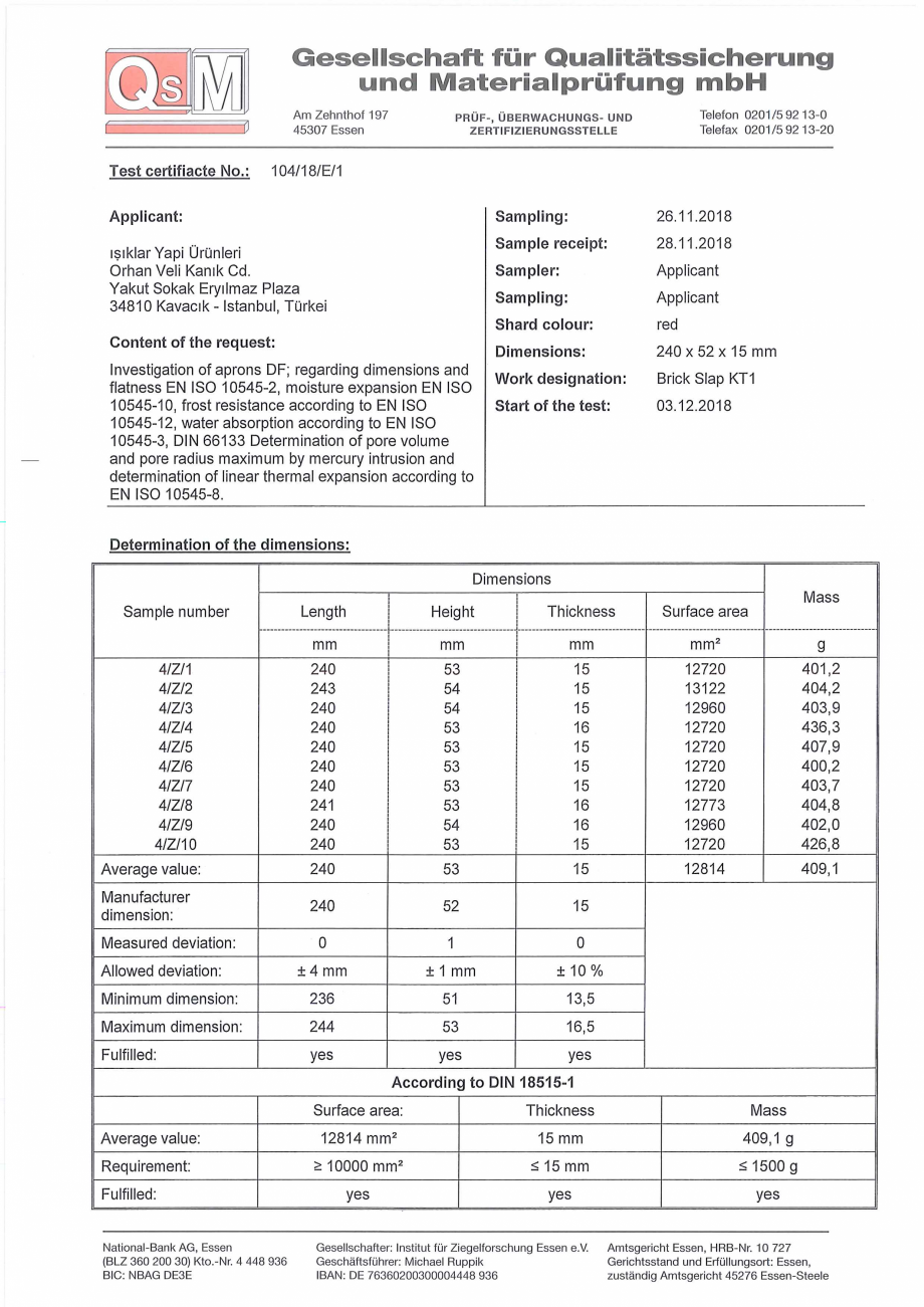 Pagina 1-Caramida aparenta - raport testare dimensionala IŞIKLAR Certificare produs Engleza 