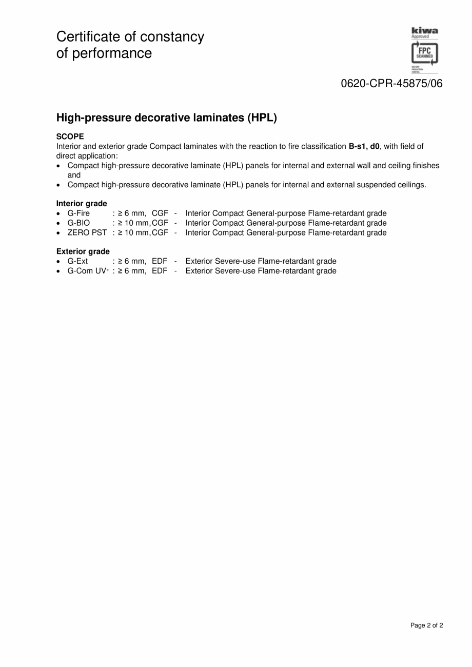 Pagina 2 - Declaratie de performanta pentru placi HPL G-Ext SOLID COLORS, STONE, CONCRETE, WOODEN...