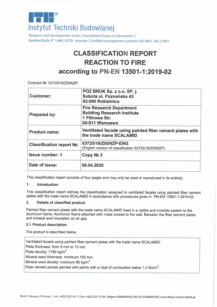 Pagina 1-Certificat reactie la foc - placi din fibrociment pentru fatade ECOFORT Certificare produs Engleza...