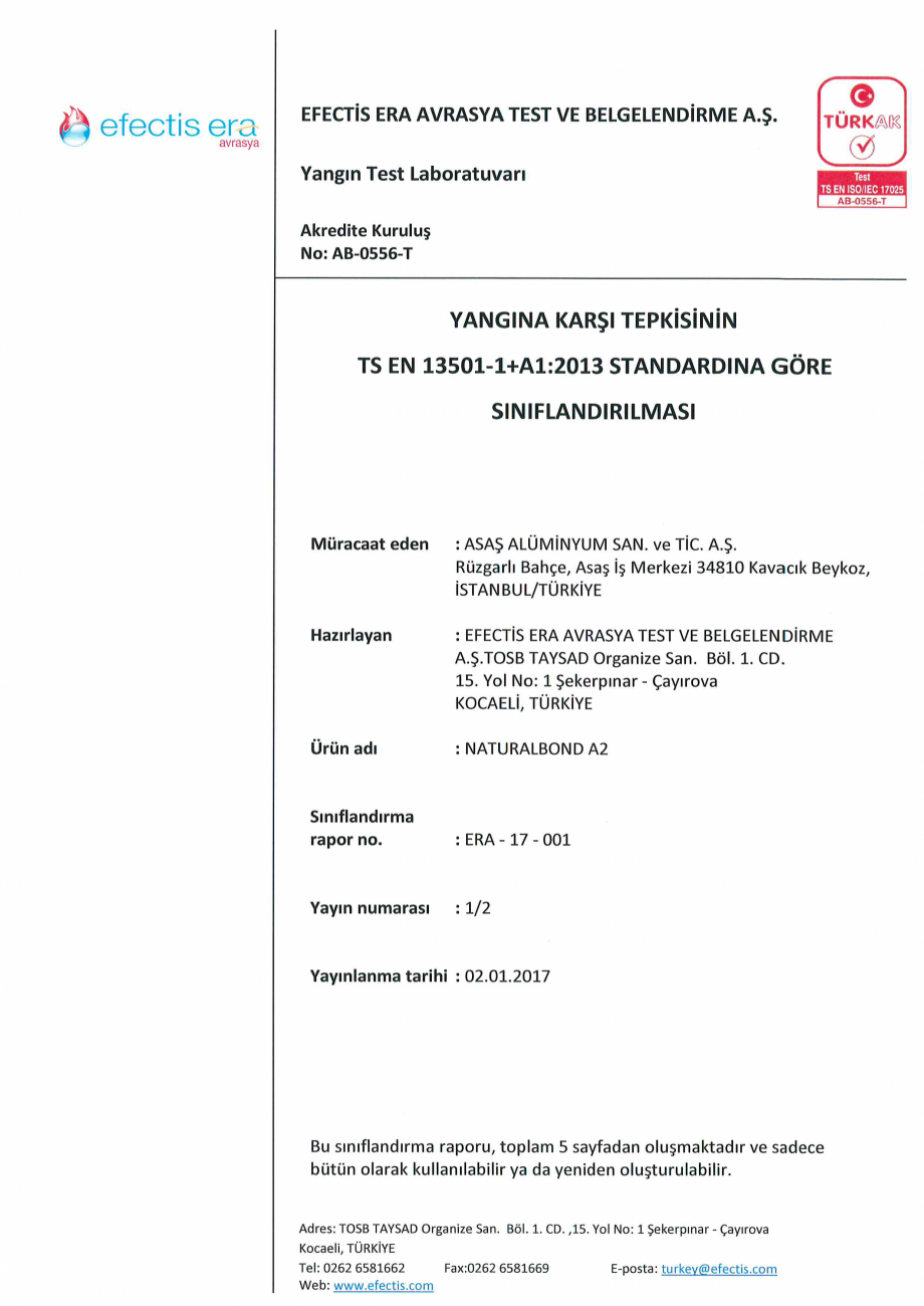 Pagina 1-Certificat reactie la foc pentru panouri compozite de aluminiu Naturalbond METALLIC COLORS, PRESTIGE...