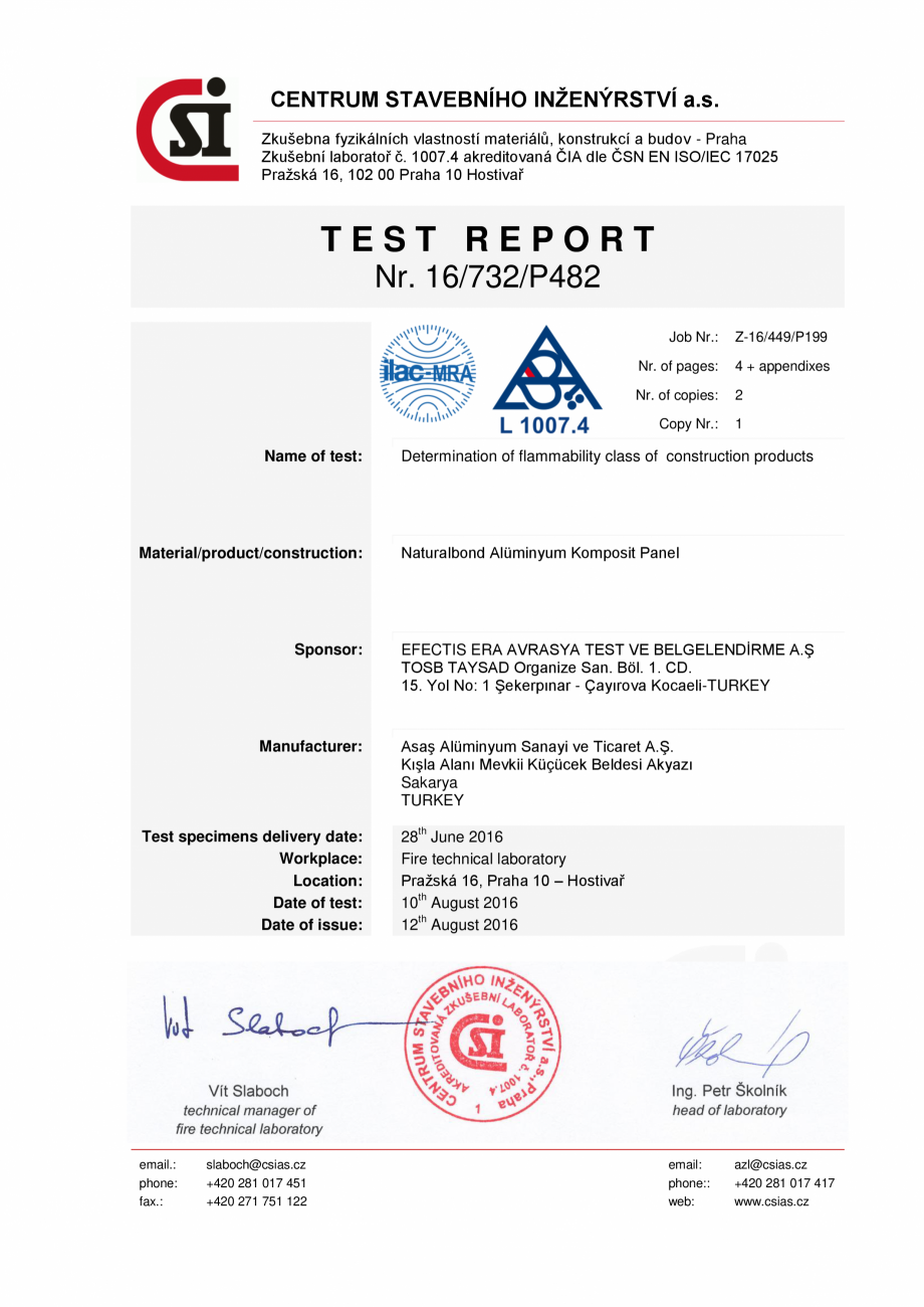 Pagina 1-Raport testare reactie la foc pentru panourile compozite de aluminiu Naturalbond METALLIC COLORS,...