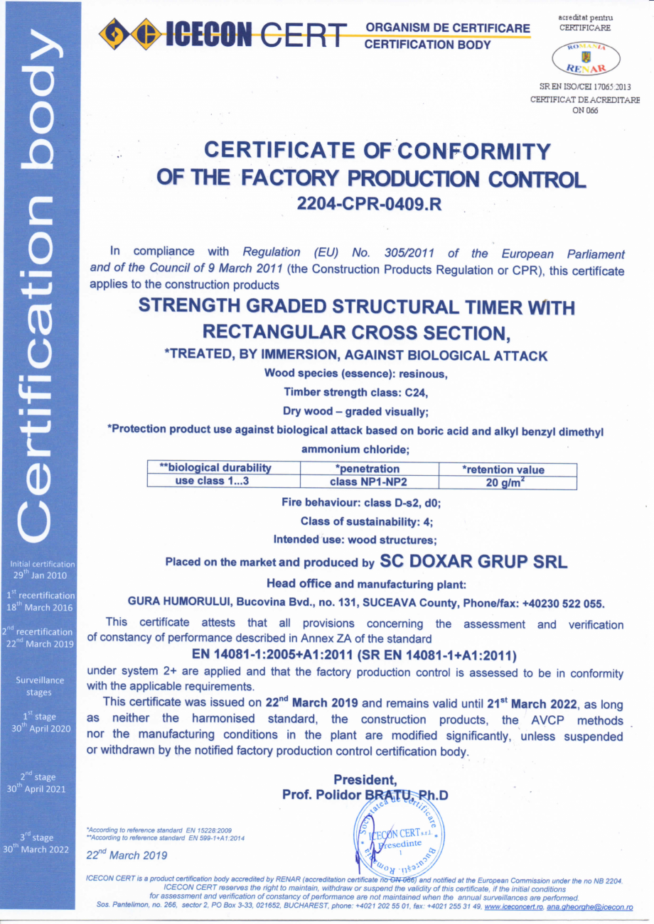 Pagina 1 - Certificat de conformitate a controlului productiei in fabrica 14081 DOXAR Certificare...