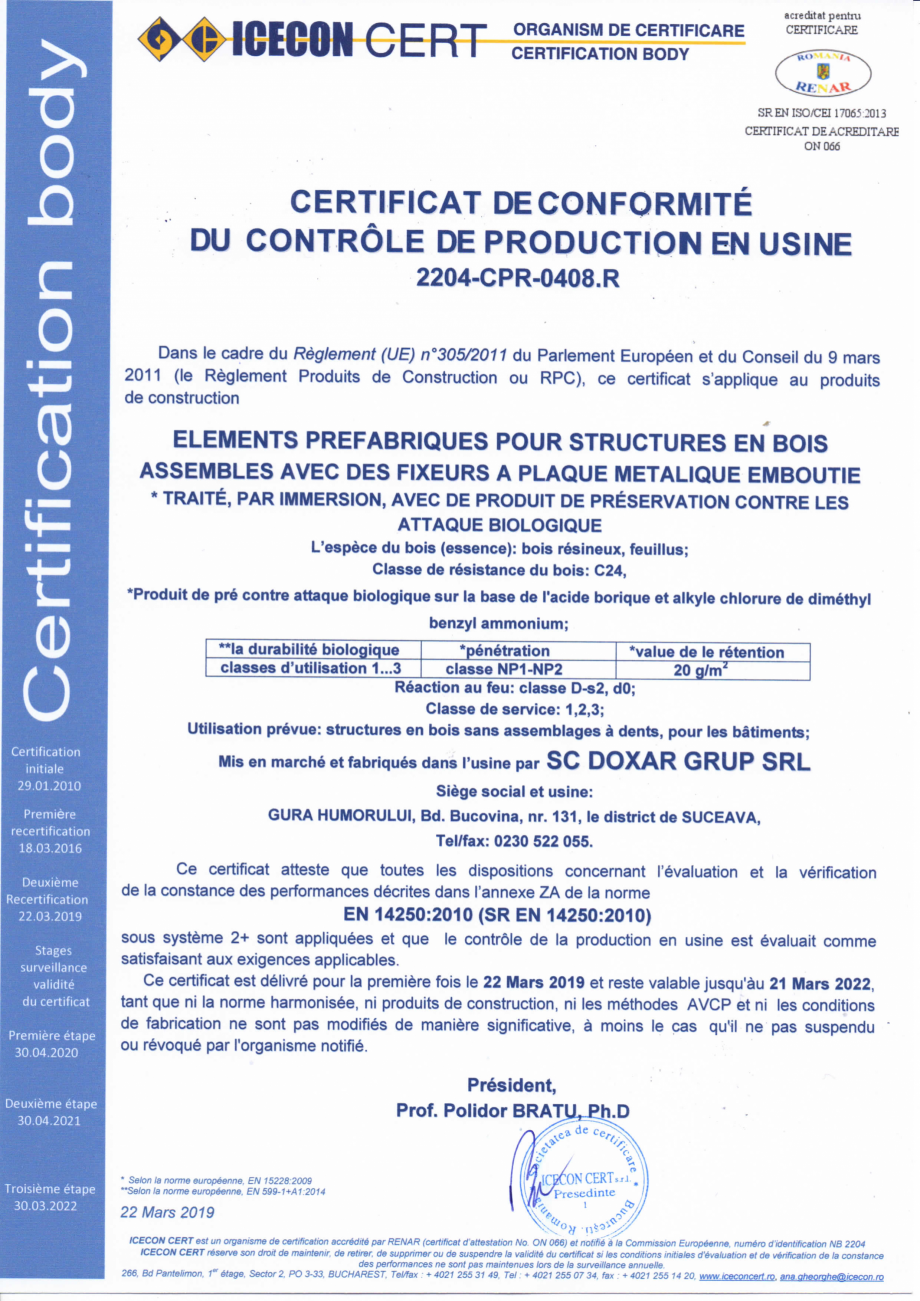 Pagina 1-Certificat de conformitate a controlului productiei in fabrica 14250 DOXAR Certificare produs...