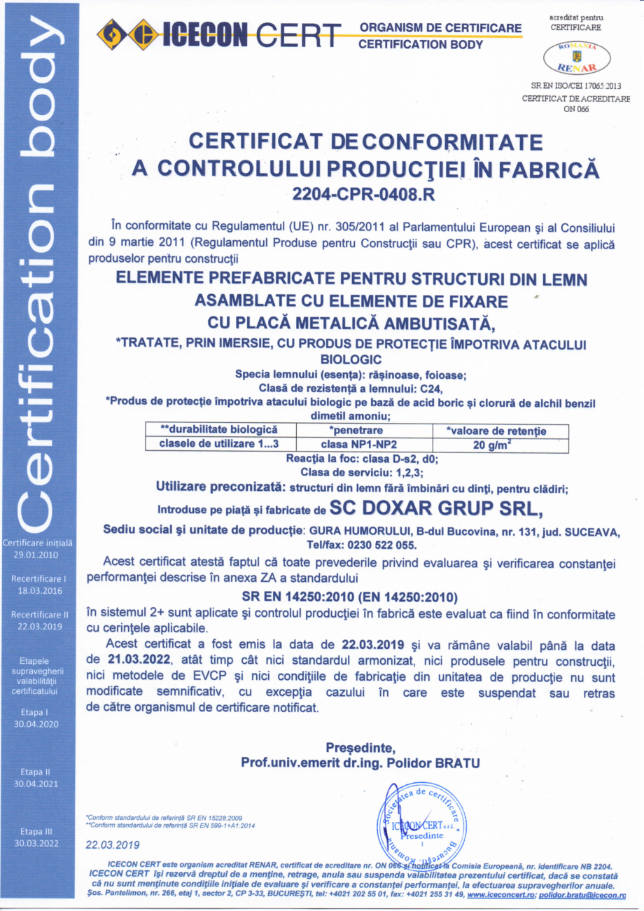 Pagina 1 - Certificat de conformitate a controlului productiei in fabrica 14250 DOXAR Certificare...