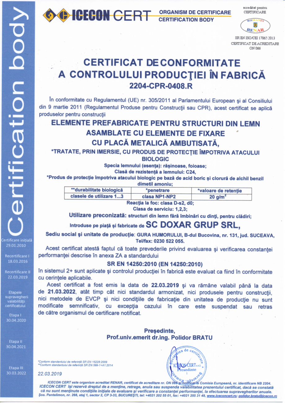 Pagina 1-Certificat de conformitate a controlului productiei in fabrica 14250 DOXAR Certificare produs Romana...