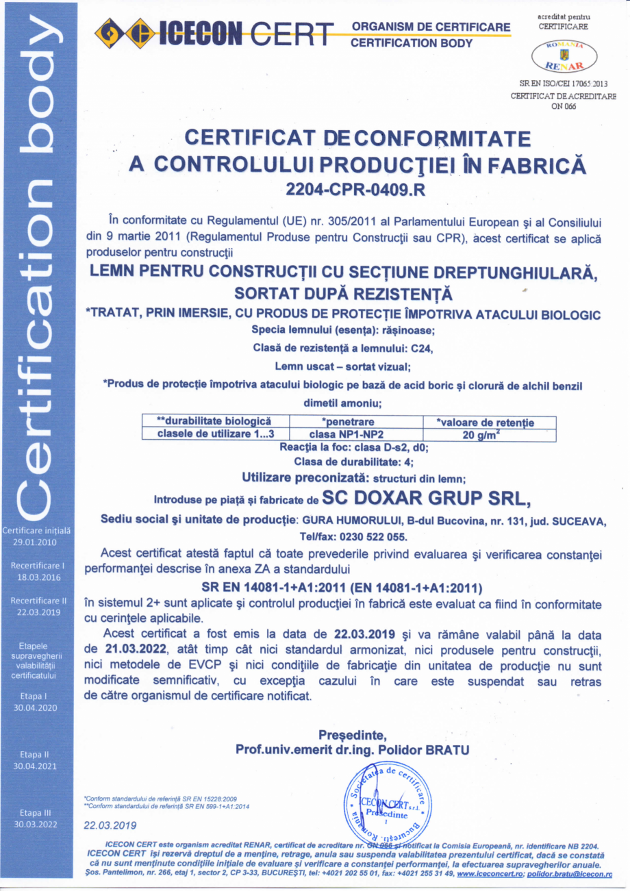 Pagina 1 - Certificat de conformitate a controlului productiei in fabrica 14081 DOXAR Certificare...