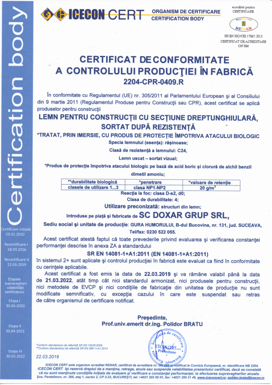 Pagina 1-Certificat de conformitate a controlului productiei in fabrica 14081 DOXAR Certificare produs Romana...