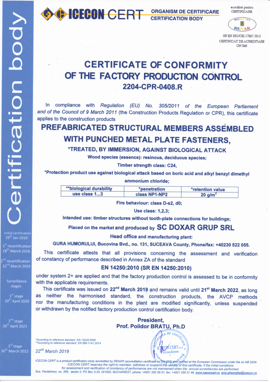 Pagina 1 - Certificat de conformitate a controlului productiei in fabrica 14250 DOXAR Certificare...