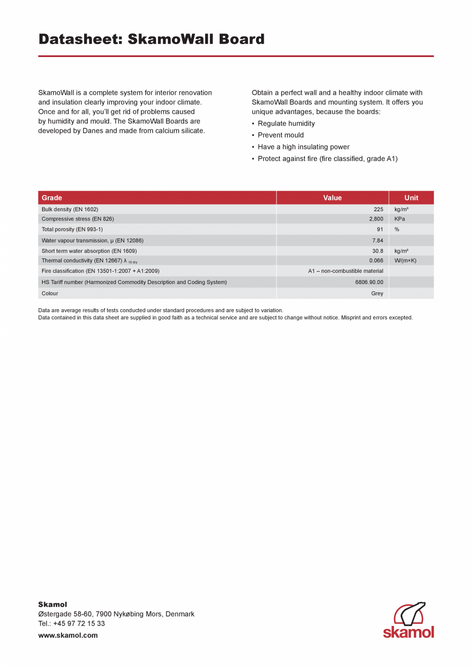 Pagina 1-Date tehnice - SkamoWall Board (Panoul) SKAMOL Fisa tehnica Engleza Datasheet: SkamoWall Board
...