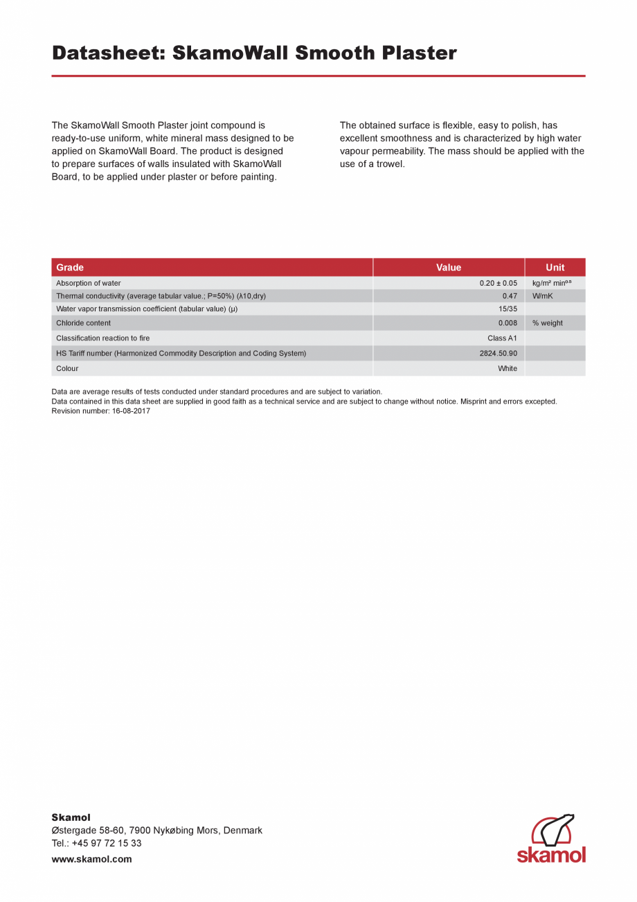 Pagina 1-Date tehnice - SkamoWall Smooth Plaster (Tencuiala neteda) SKAMOL Fisa tehnica Engleza Datasheet:...