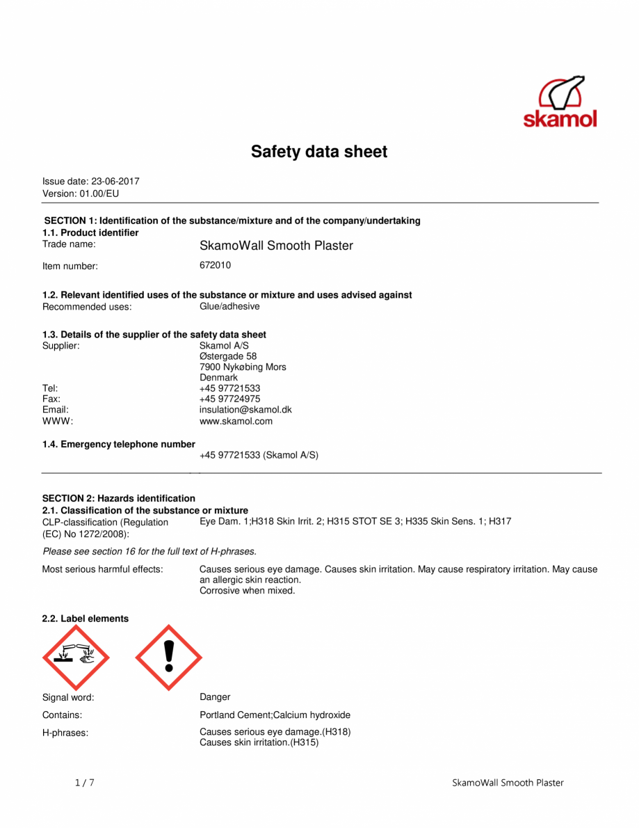 Pagina 1-Fisa de securitate pentru SkamoWall Smooth Plaster (Tencuiala neteda) SKAMOL Certificare produs...