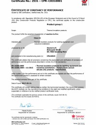 Certificat de constanta a poerformantei pentru sistemul de izolatie din placi de silicat de calciu