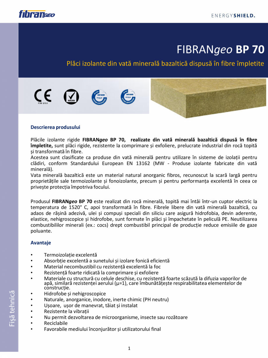 Pagina 1-Placi izolante din vata minerala bazaltica dispusa in fibre impletite FIBRANgeo BP 70 Fisa tehnica...
