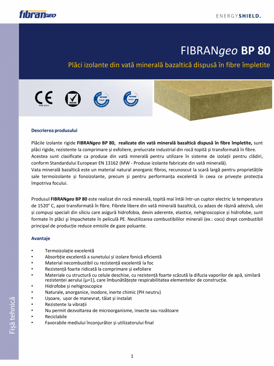 Pagina 1-Placi izolante din vata minerala bazaltica dispusa in fibre impletite FIBRANgeo BP 80  Fisa tehnica ...