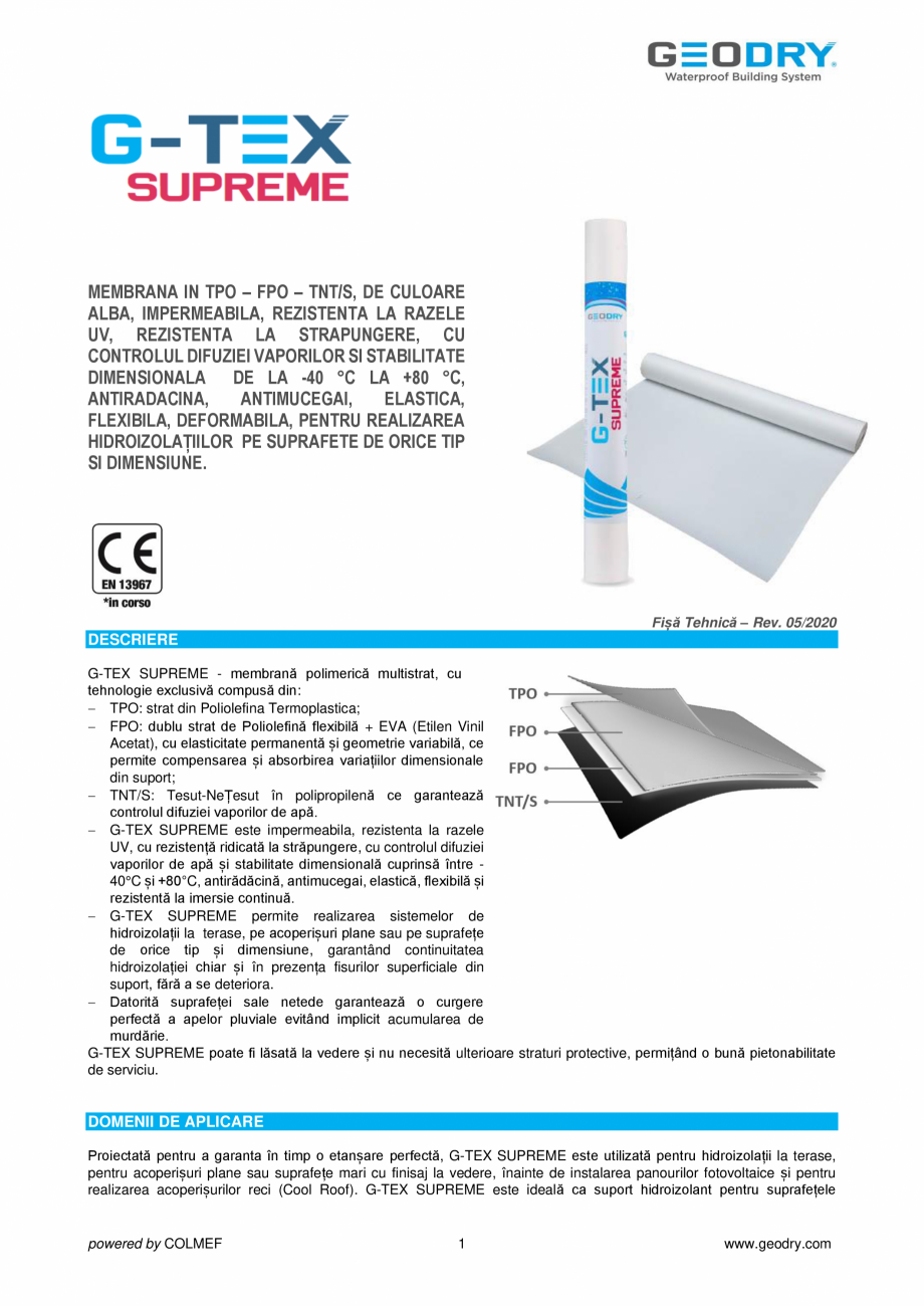 Pagina 1-Membrană din TPO – FPO – TNT/S GEODRY G-TEX SUPREME Fisa tehnica Romana MEMBRANA IN TPO...