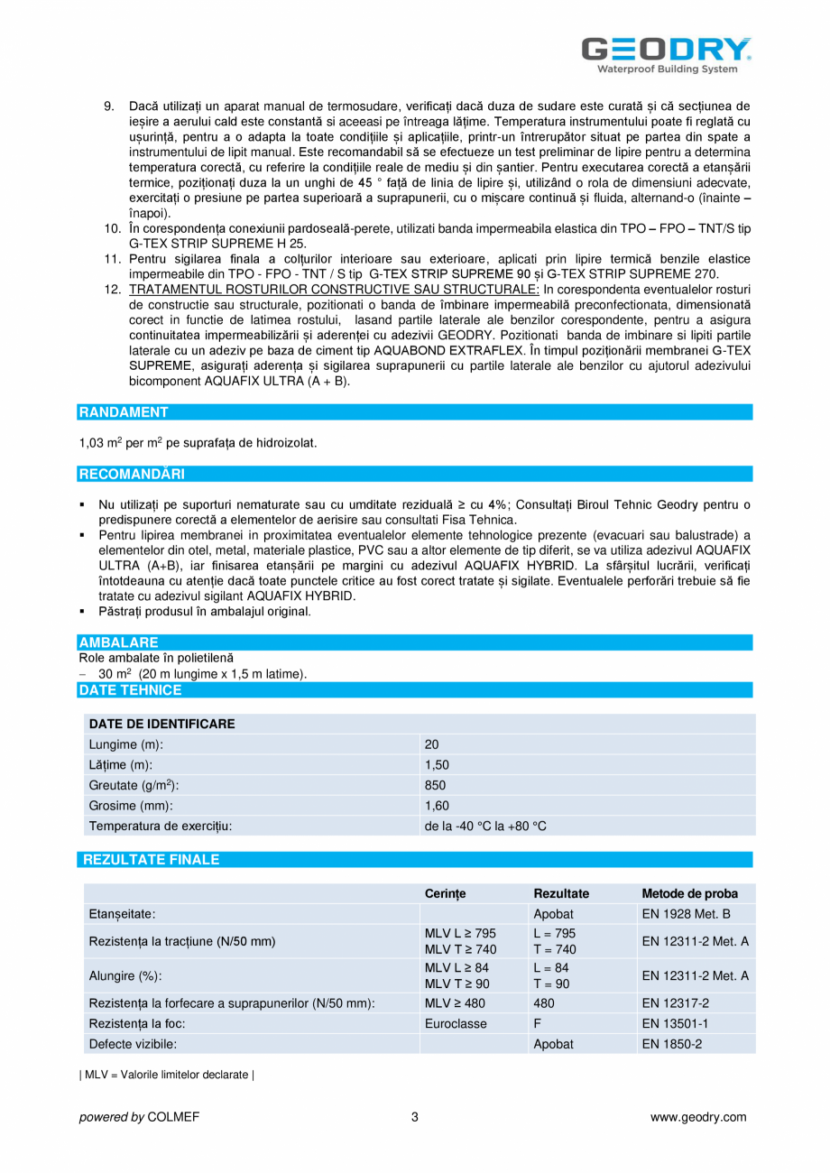 Pagina 3-Membrană din TPO – FPO – TNT/S GEODRY G-TEX SUPREME Fisa tehnica Romana e ideală ca...
