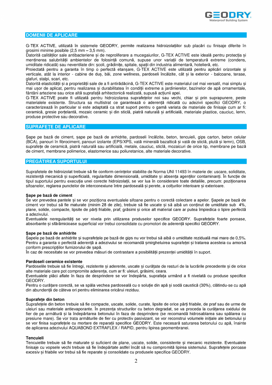 Pagina 2-Membrană din FPO hidroizolantă GEODRY G-TEX ACTIVE Fisa tehnica Romana or dimensionale din suport;...
