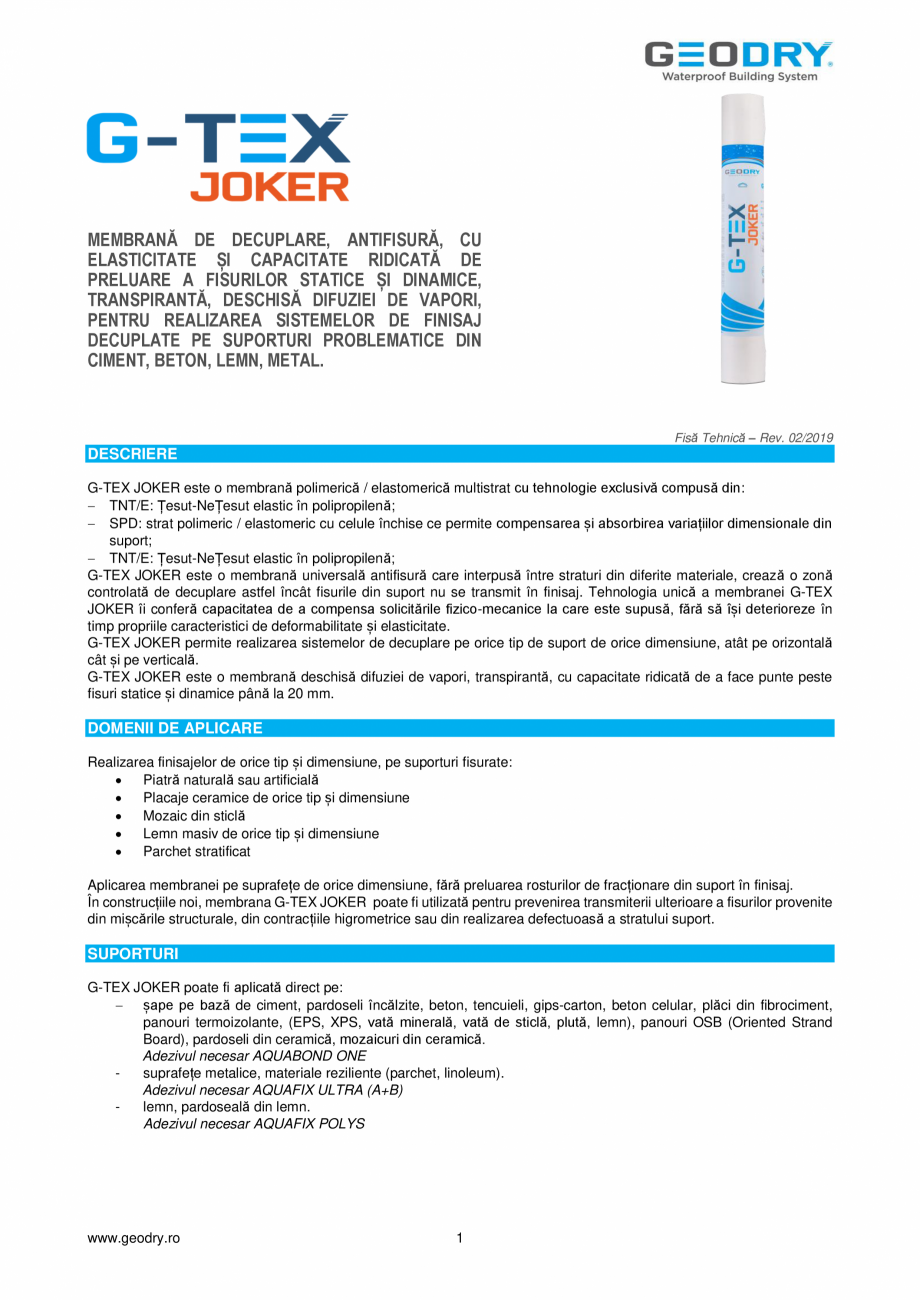 Pagina 1-Membrană de decuplare, antifisură GEODRY G-TEX JOKER Fisa tehnica Romana MEMBRANĂ DE DECUPLARE,...