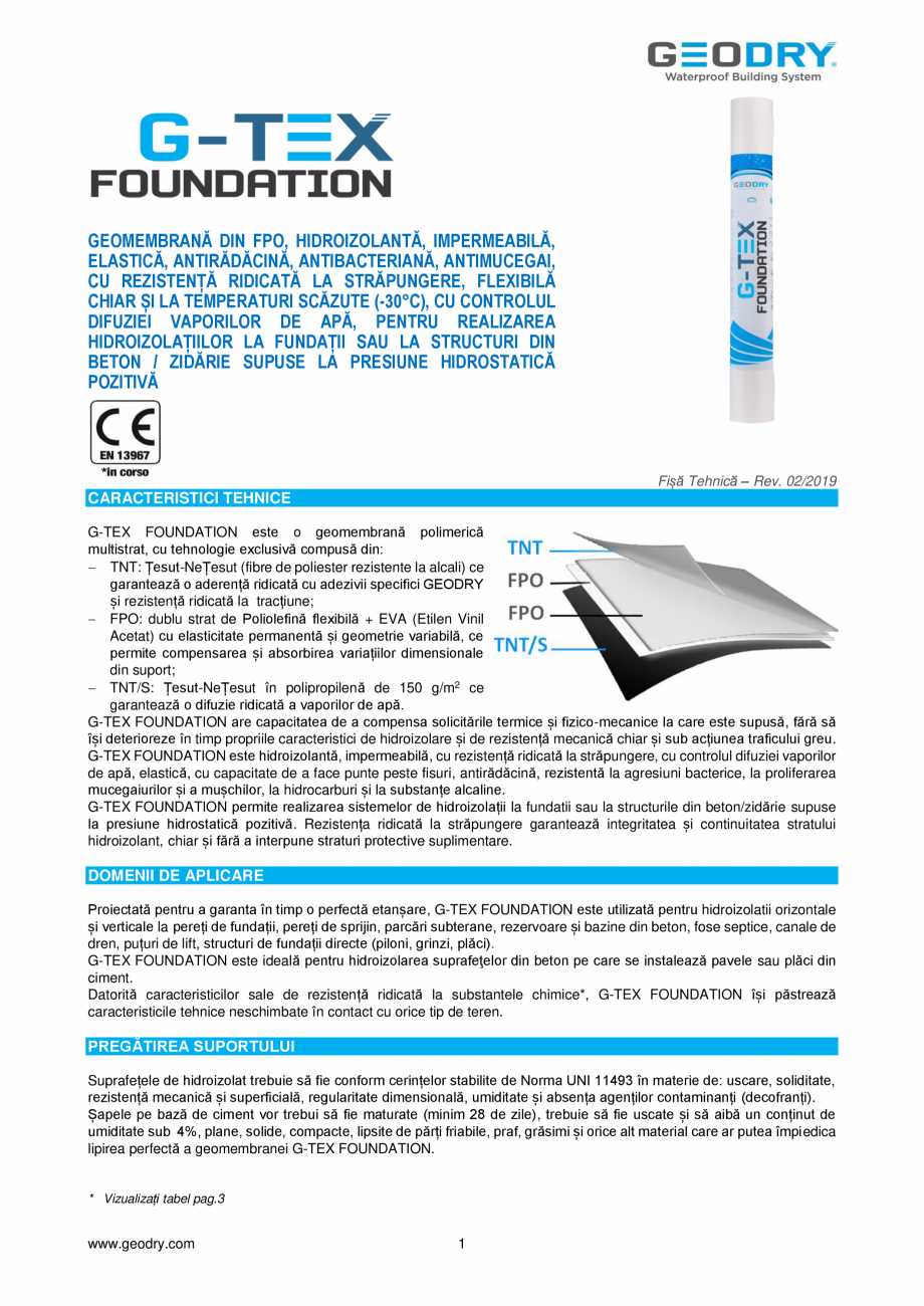 Pagina 1 - Membrană din FPO hidroizolantă GEODRY G-TEX FOUNDATION Fisa tehnica Romana GEOMEMBRANĂ...