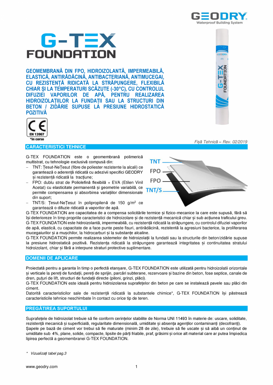 Pagina 1-Membrană din FPO hidroizolantă GEODRY G-TEX FOUNDATION Fisa tehnica Romana GEOMEMBRANĂ DIN FPO,...