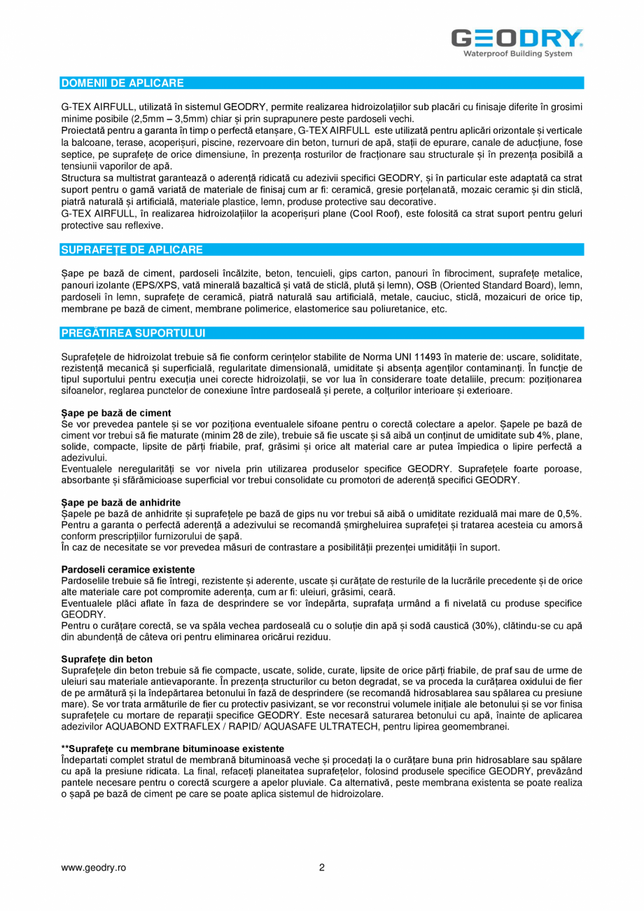 Pagina 2-Membrană din FPO hidroizolantă GEODRY G-TEX AIRFULL Fisa tehnica Romana  ridicată, ce permit...