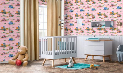 Amenajarea camerei copilului cu tapet cu model Masinute Roz Masinute Tapet pe suport de hartie