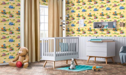 Amenajarea camerei copilului cu tapet cu model Masinute Galben Masinute Tapet pe suport de hartie