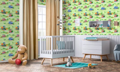 Amenajarea camerei copilului cu tapet cu model Masinute Verde Masinute Tapet pe suport de hartie