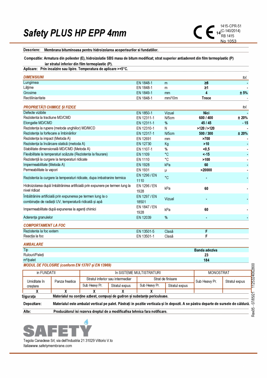 Pagina 1-Membrane hidroizolante SBS Safety PLUS HP EPP_4 mm TEGOLA SAFETY PLUS. Fisa tehnica Romana...